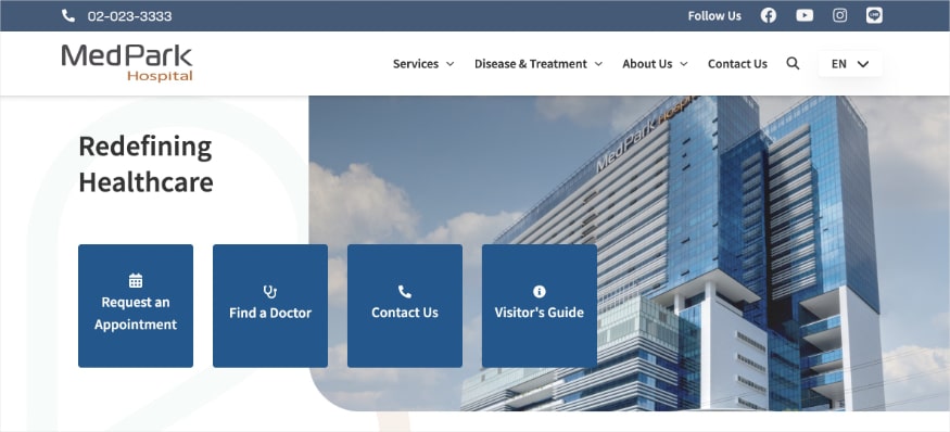MdPark Hospital homepage, a private hospital in Bangkok, Thailand.