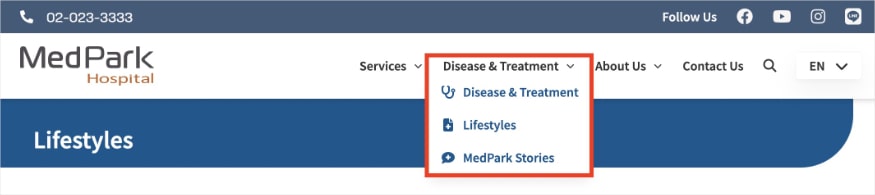 MedPark Hospital navigation menu shows new category for disease and treatment.