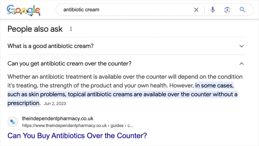 People also ask box on Google for the query antibiotic cream.