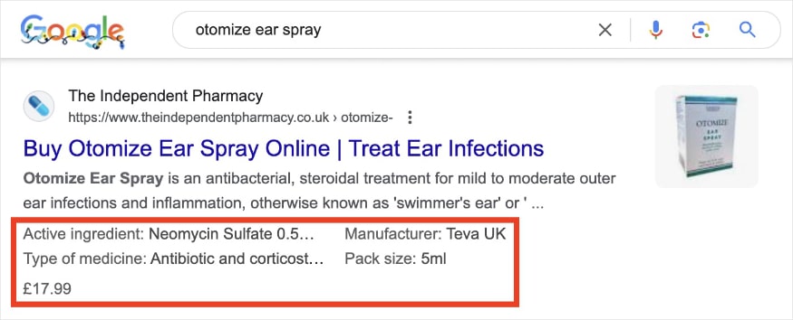 Rich result with product schema on the SERP for the query otomize ear spray.