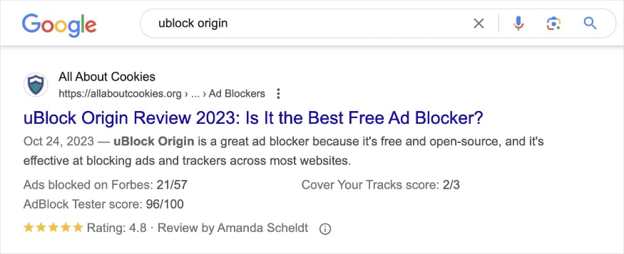 Google SERP for the query "ublock origin" shows a review snippet from All About Cookies.