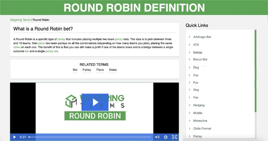Landing Page on Wagering Terms' website shows the definition for round robin, related terms, and a video.