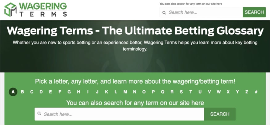 Wagering Terms homepage, an online sports betting glossary.