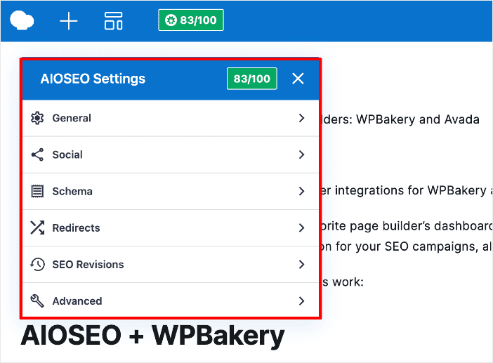 AIOSEO settings in WPBakery.