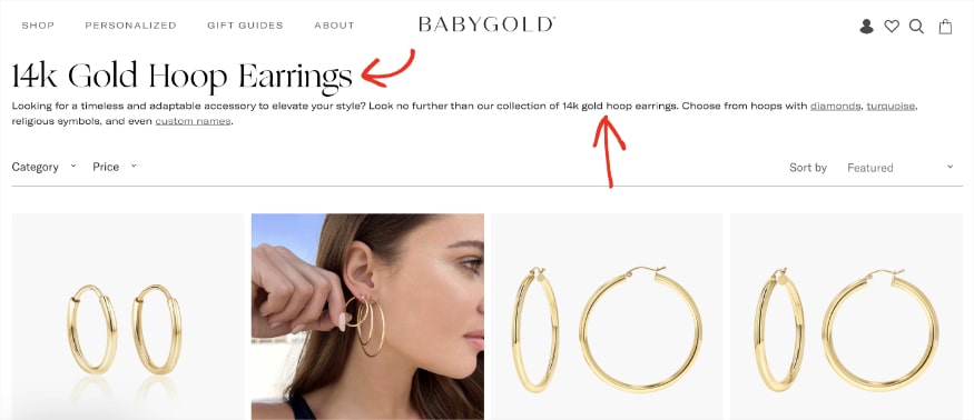 Baby Gold hoop earrings landing page with on-page SEO optimizations.