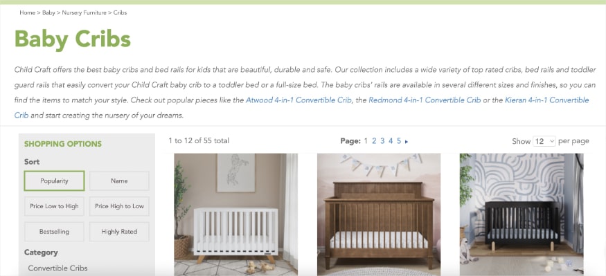 Baby Cribs landing page at Child Craft shows copy optimized for unbranded and branded keywords.