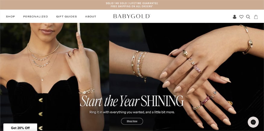 Baby Gold homepage, an eCommerce for solid gold jewelry.