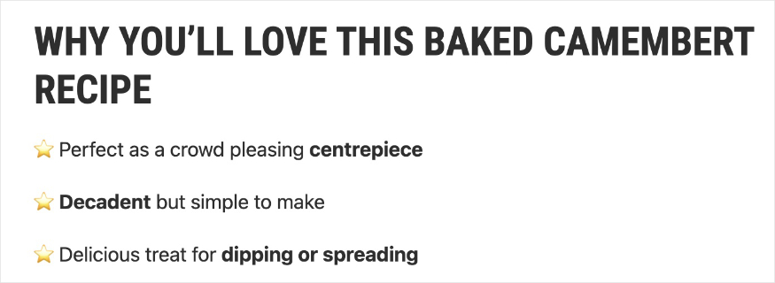 Bullet point list of why you'll love this baked camembert recipe shows how Taming Twins' content is scannable.