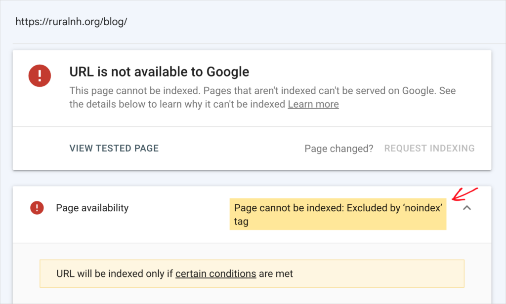 page excluded by noindex tag google search console message
