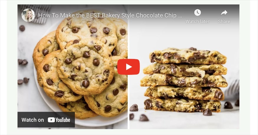 Screenshot of an embedded YouTube video on how to make the best bakery style chocolate chip cookies from Handle the Heat.