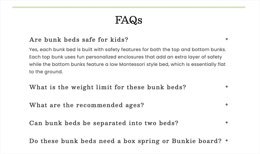 FAQs on a bunk beds landing page at Child Craft.