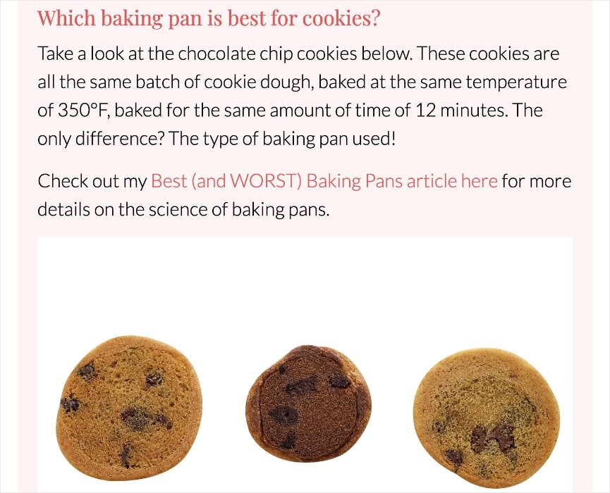 FAQ example for Handle the Heat's chocolate chip cookies demonstrate how the baking pan affects the cookies.