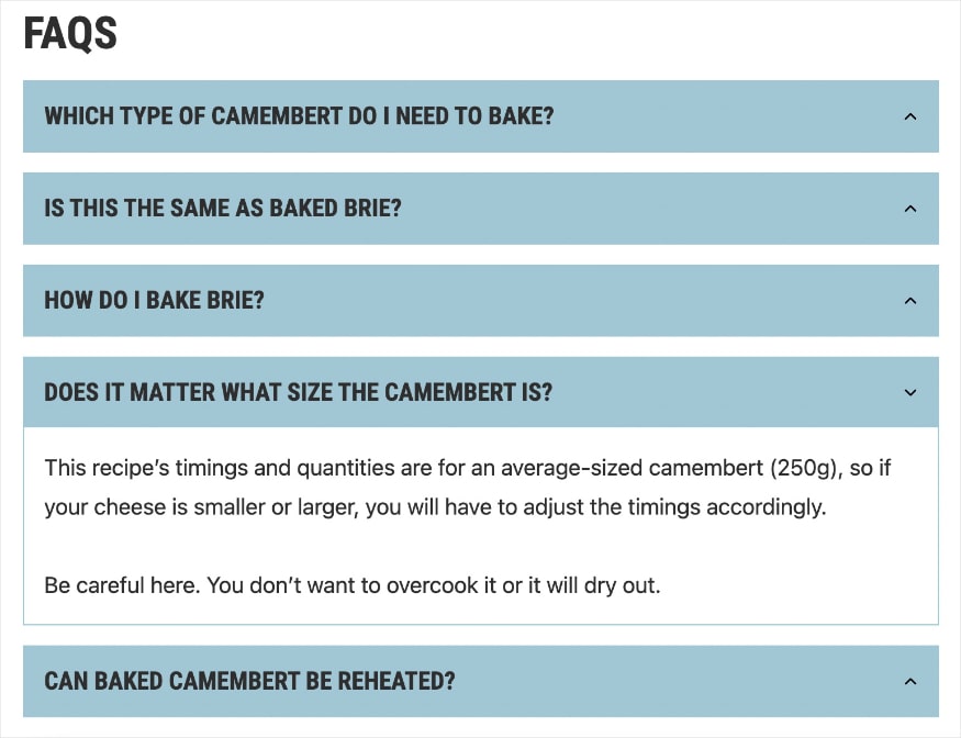 FAQs on the baked camembert blog address common questions.