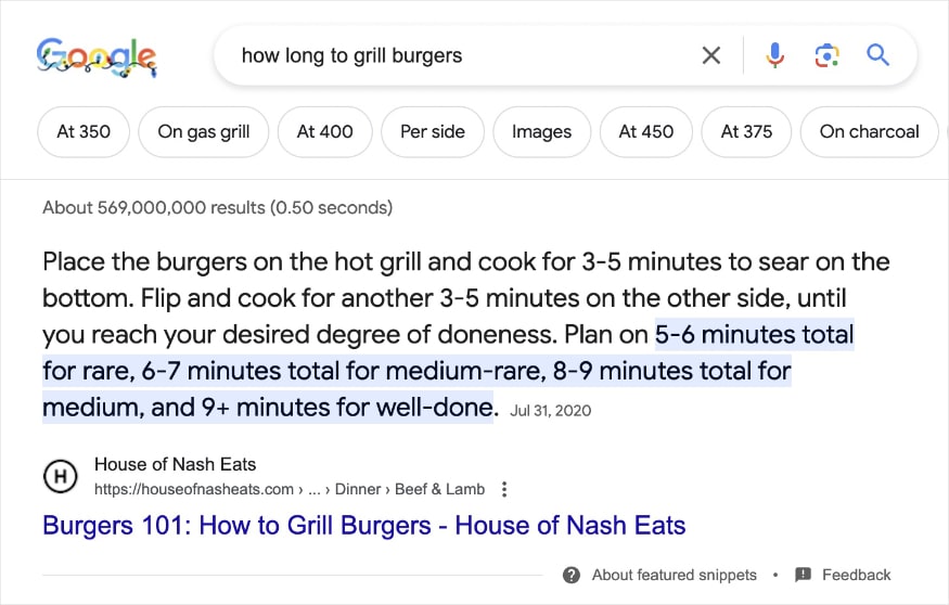 Google search results for the query how long to grill burgers shows a featured snippet from House of Nash Eats with precise instructions.