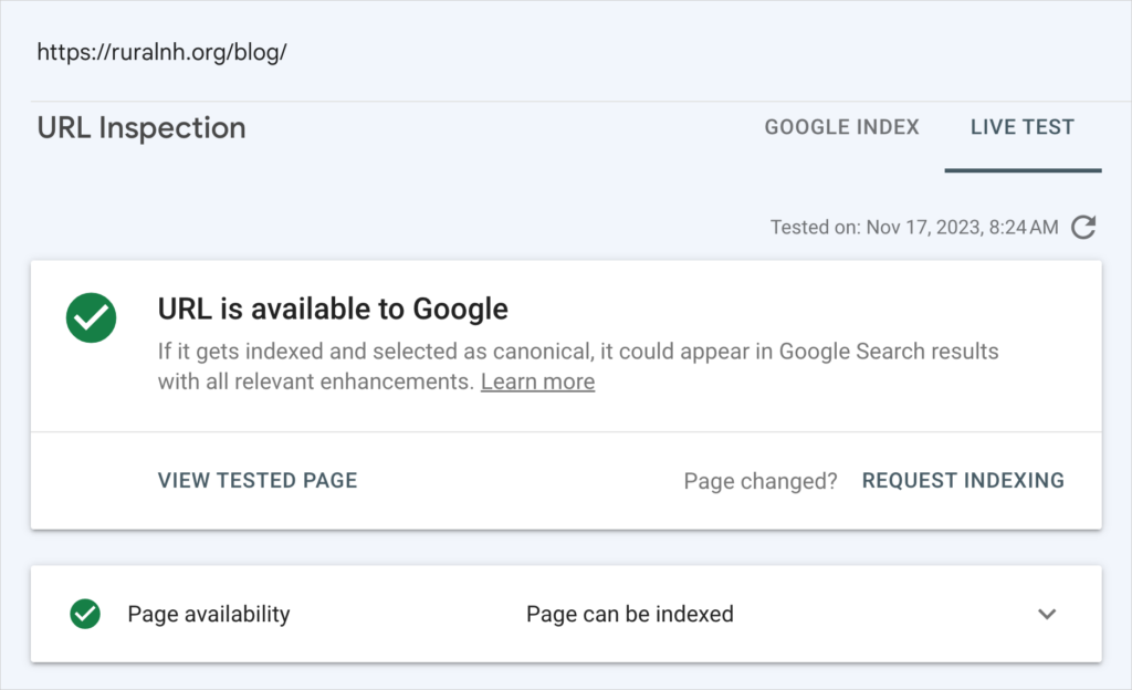 url is available to google in google search console