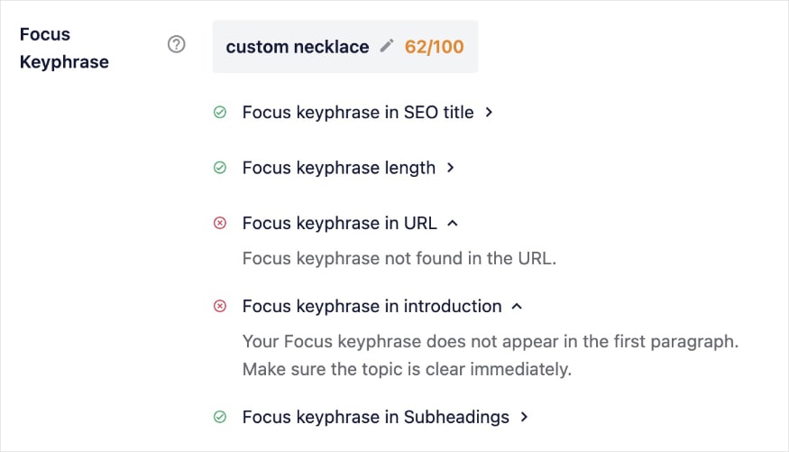 Focus Keyphrase Checklist in WordPress tells you when you hit or miss on-page optimizations.