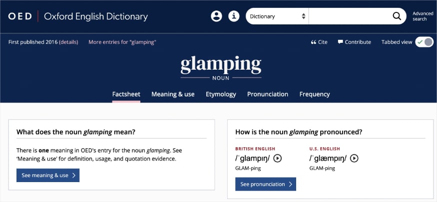 Dictionary entry on oed.com for the noun glamping.