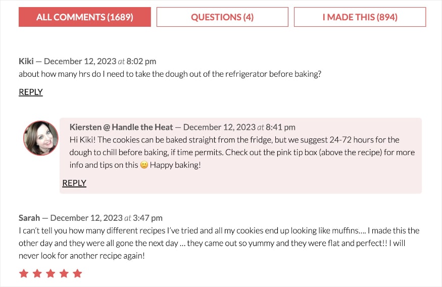Comments on a Handle the Heat blog shows questions from users and an answer from the website's team.