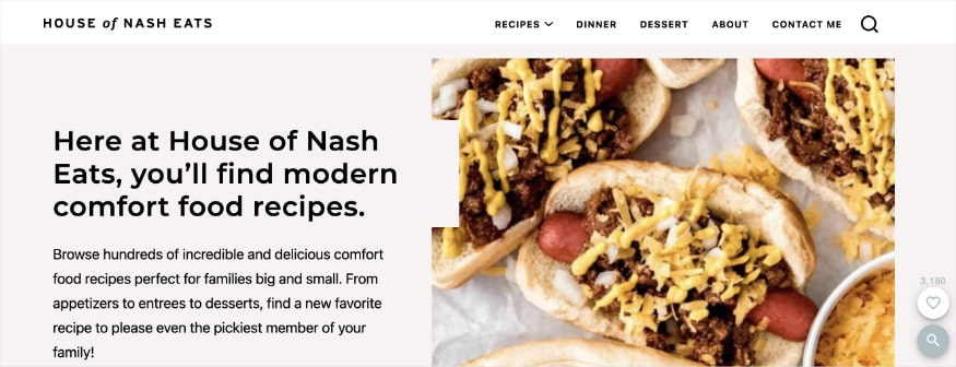 House of Nash Eats homepage, a food blog with comfort food recipes.