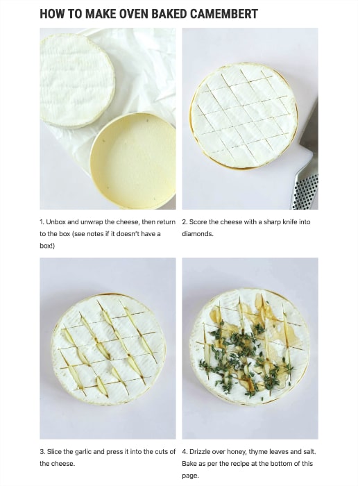 Taming Twins uses images for each how-to step for baking camembert.