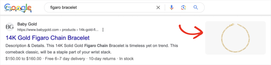 Google search result for the query figaro bracelet shows an image rich result from Baby Gold.
