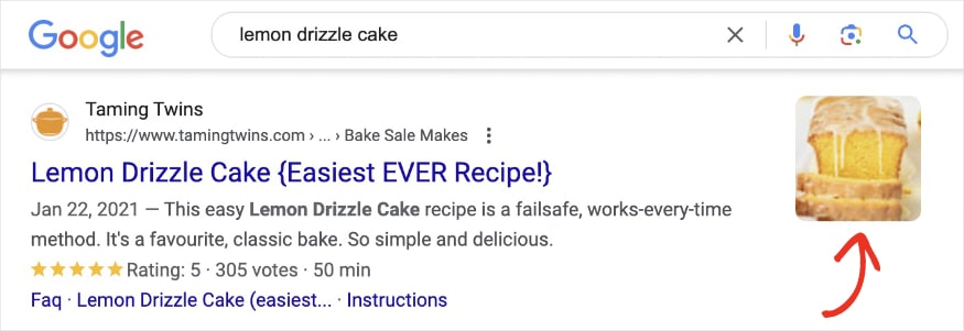 Google SERP of a rich result with image for the query lemon drizzle cake.
