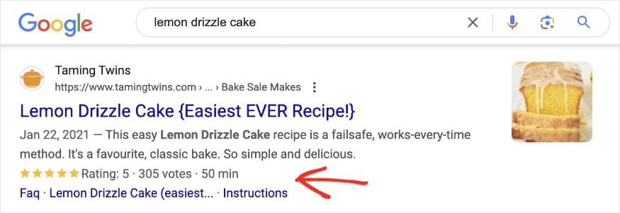 Google recipe snippet from Taming Twins for the query lemon drizzle cake shows cook time, votes, and rating.
