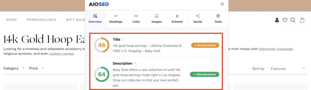 Metadata optimizations for Baby Gold's hoop earrings landing page.