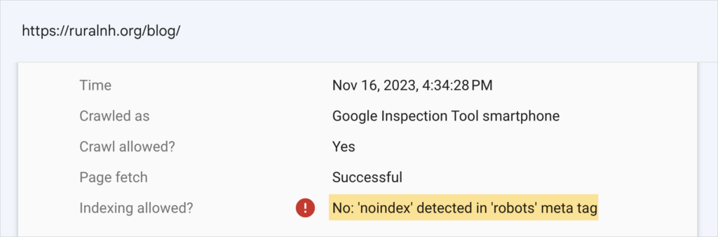 no index detected in robots meta tag google search console message