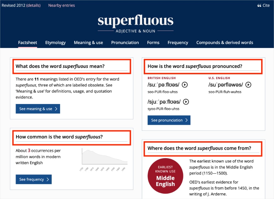 OED factsheet for the word superfluous uses question-based subheadings.