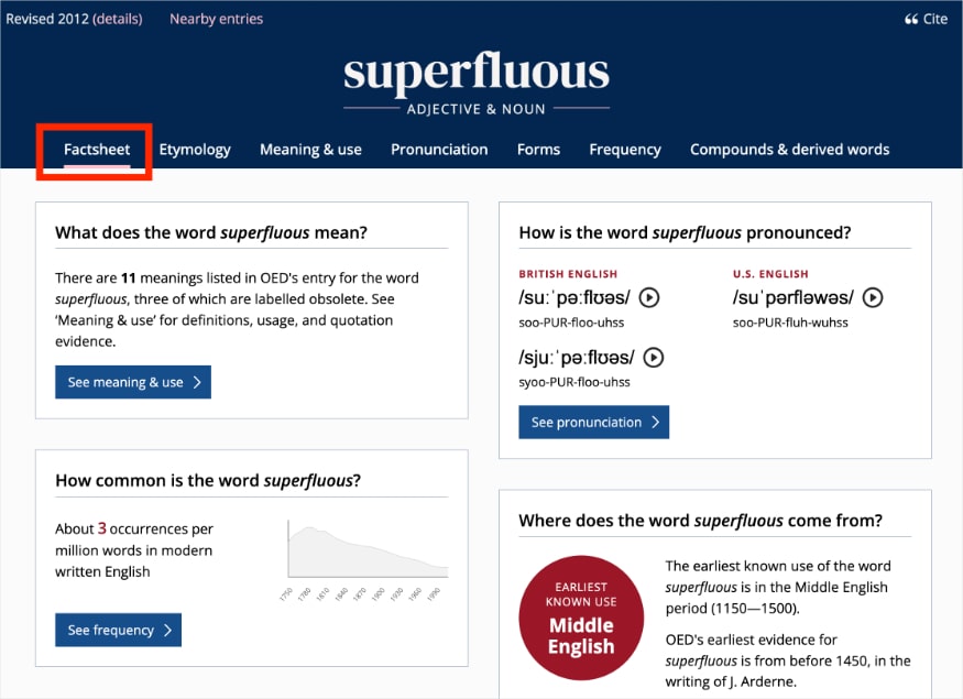 Factsheet on oed.com for the adjective and noun superfluous.