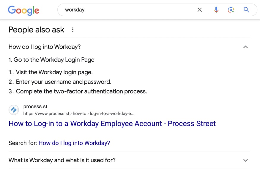 Google people also result for the query workday shows steps to log into your workday account.
