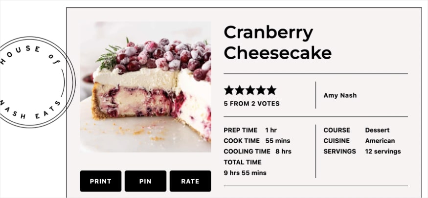Recipe card for cranberry cheesecake shows 5-star rating and cooking details.