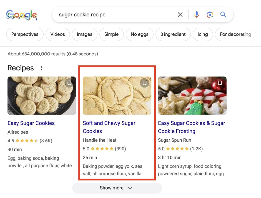 Google recipe carousel results for the query sugar cookie recipe shows an article from Handle the Heat.