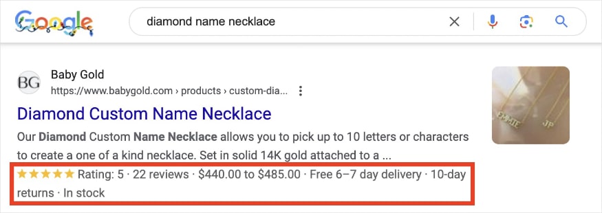 Baby Gold review snippet on Google for the query diamond name necklace shows price and shipping info.