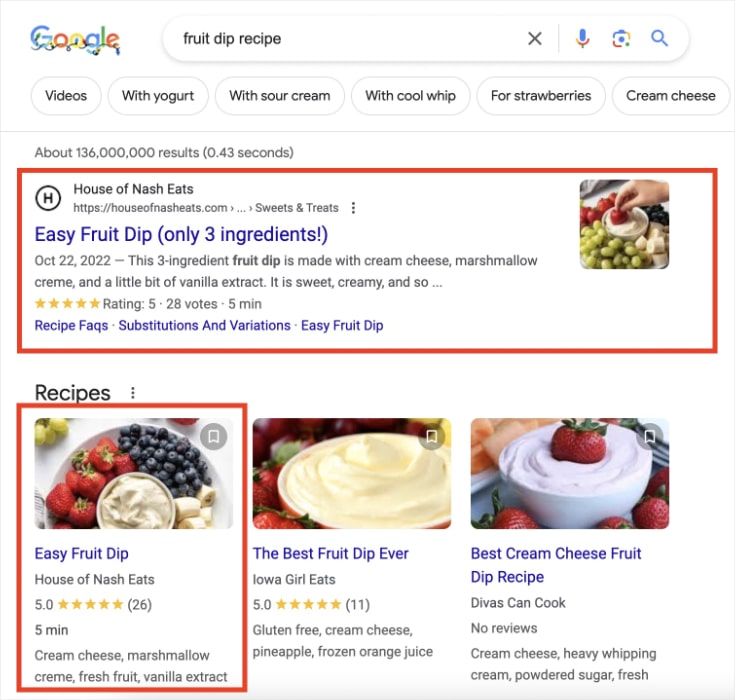 Google search results for the query fruit dip recipe shows 2 SERP features from House of Nash Eats.
