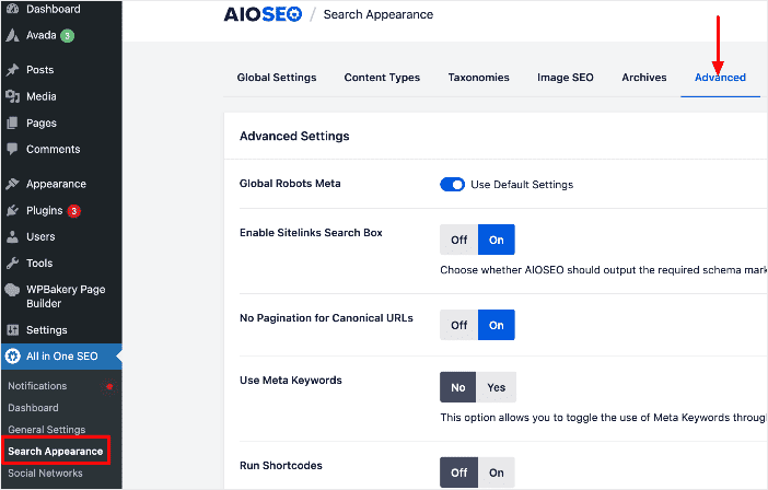 Global robots meta tags settings in AIOSEO.