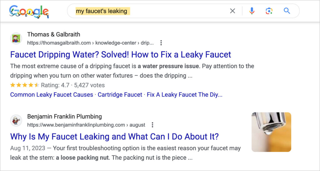 Search intent example of my faucet’s leaking keyword.
