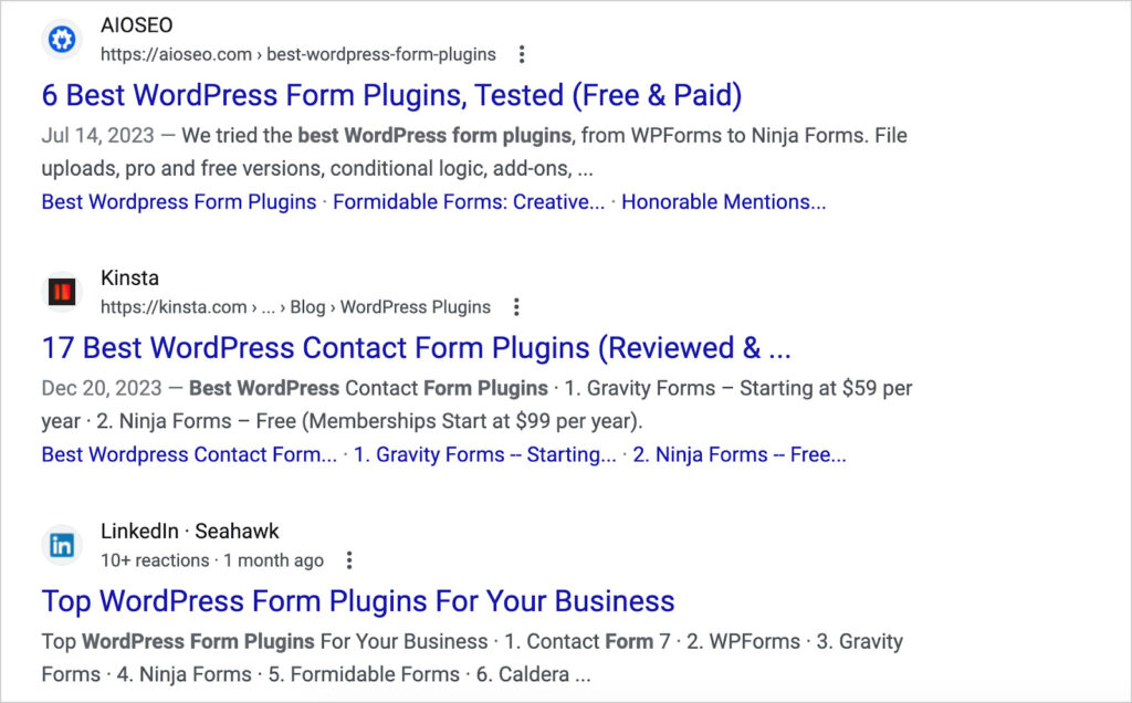 Example of search results for WordPress form plugins. 