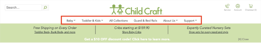 Updated navigation bar on childcraftbaby.com includes sections for baby and toddler and kids.