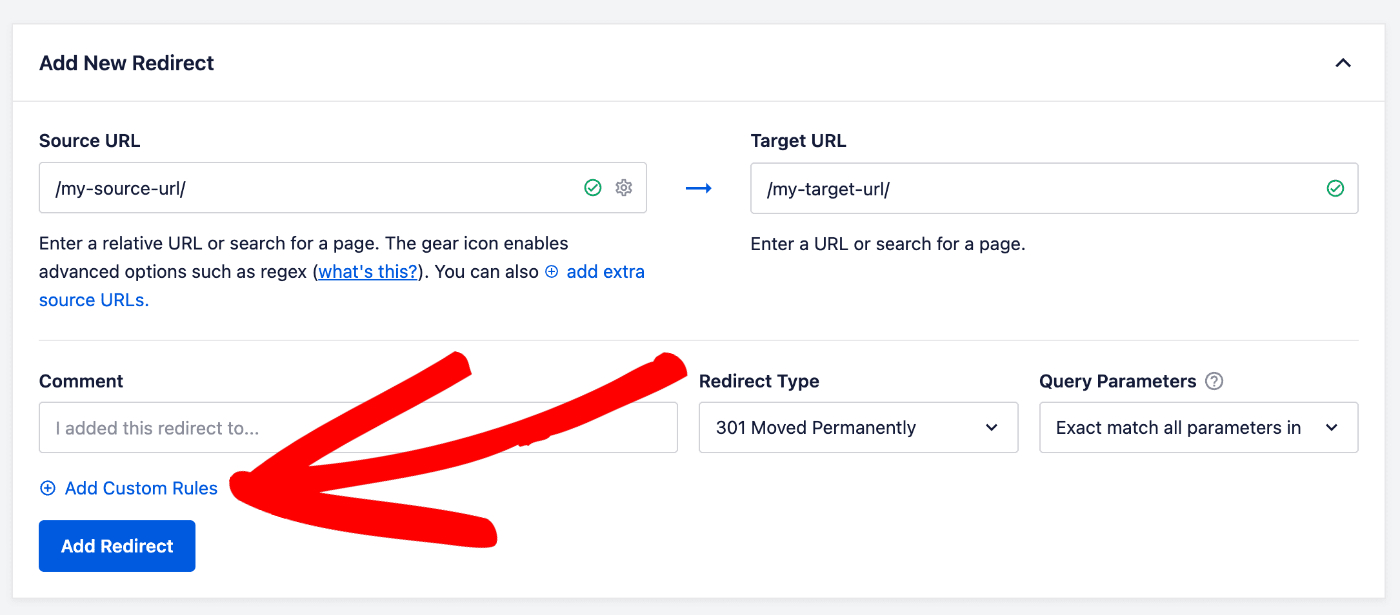 Link Adicionar Regras Personalizadas no formulário Adicionar Novo Redirecionamento