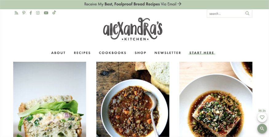 Alexandra's Kitchen's homepage, a food blog.