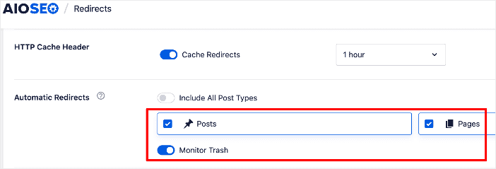 Post types in the Automatic Redirects section.