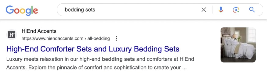 Rich snippet for the query bedding sets on Google shows a result from HiEnd Accents with an image and breadcrumbs.