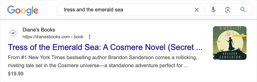 Book snippet in Google's search results for tress and the emerald sea.
