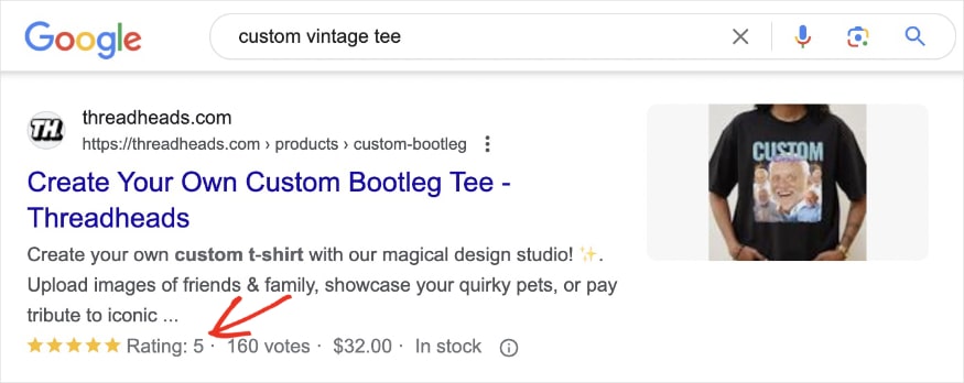 Review snippet on the serp for the query custom vintage tee shows a 5 star rating and 160 votes.