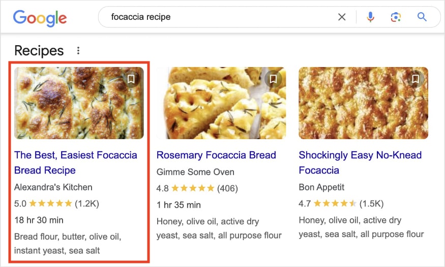 Google's recipe carousel for a focaccia search shows a recipe from Alexandra's Kitchen.