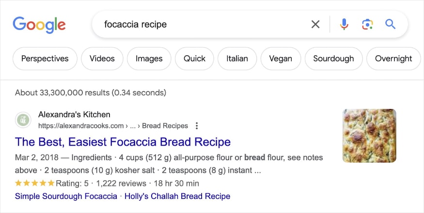 Recipe snippet on Google for a focaccia recipe.