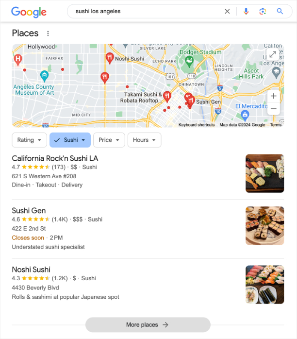Google map pack for the query sushi los angeles.