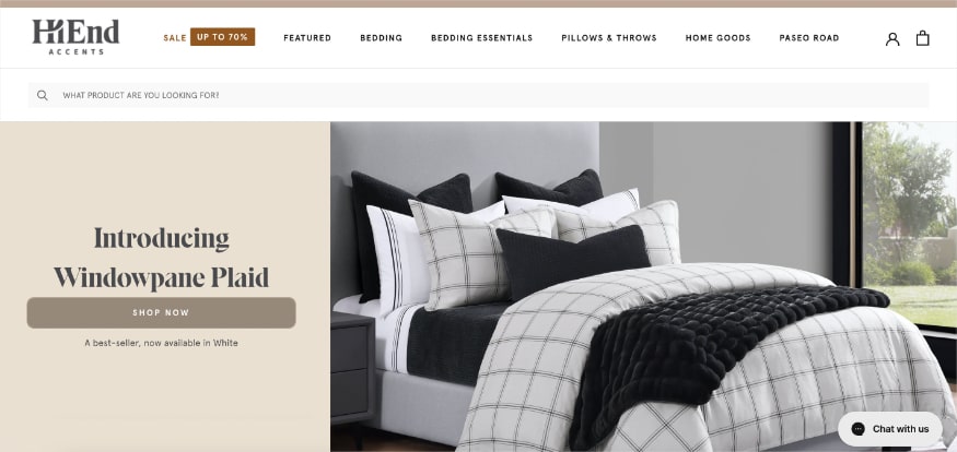 HiEnd Accents homepage, a luxury bedding and home decor retailer.